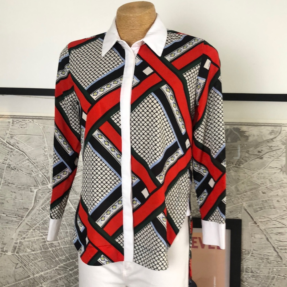 MARIA CHER Geometric Red and Black Long Sleeve Blouse Size S